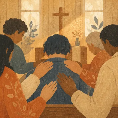 Laying Hands Prayer in Wooden Chapel