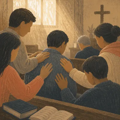 Laying Hands Prayer in Wooden Chapel