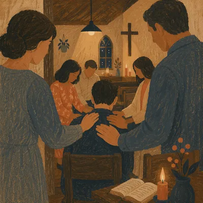 Laying Hands Prayer in Wooden Church Hall