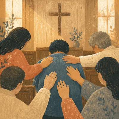 Laying Hands Prayer in Wooden Chapel