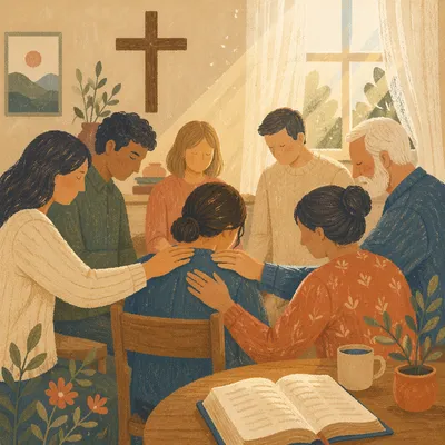 Laying Hands Prayer in Church Fellowship Room