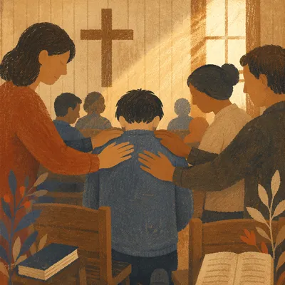 Laying Hands Prayer in Wooden Chapel