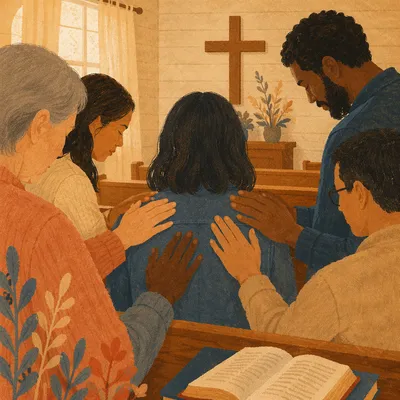 Laying Hands Prayer in Wooden Chapel