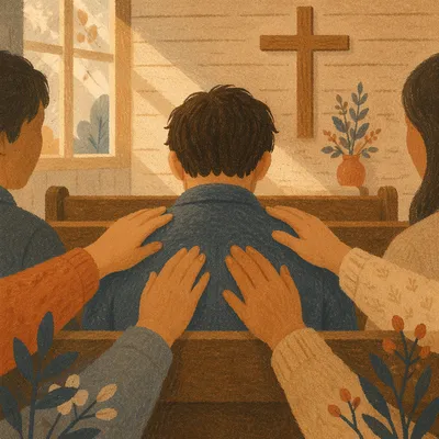 Laying Hands Prayer in Wooden Chapel