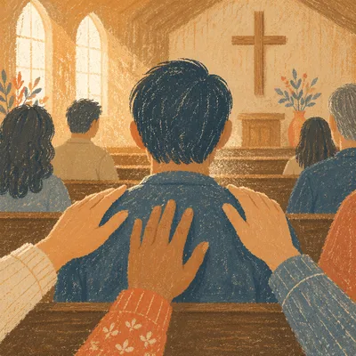 Laying Hands Prayer in Wooden Chapel