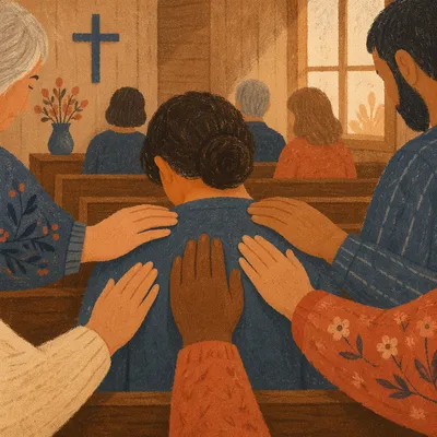 Laying Hands Prayer in Wooden Chapel