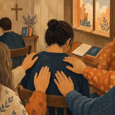 Laying Hands Prayer in Wooden Chapel