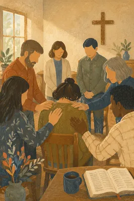Laying Hands Prayer in Church Fellowship Room