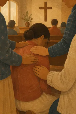 Laying Hands Prayer in Wooden Chapel