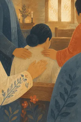 Laying Hands Prayer in Wooden Chapel
