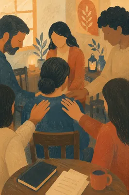 Laying Hands Prayer in Warm Church Room