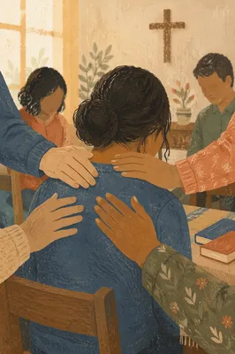 Laying Hands Prayer in Church Fellowship Room
