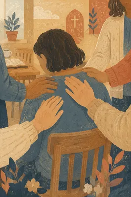 Laying Hands Prayer in Warm Church Fellowship