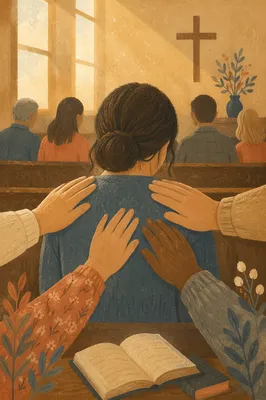 Laying Hands Prayer in Wooden Chapel