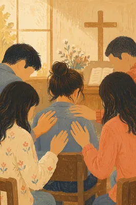 Tender Laying Hands Prayer in Church Fellowship