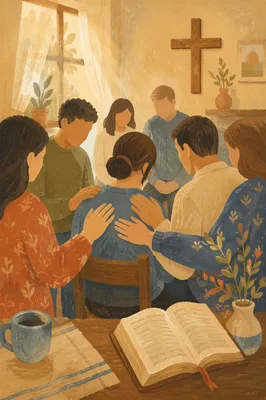 Laying Hands Prayer in Church Fellowship Room