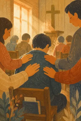 Laying Hands Prayer in Wooden Chapel