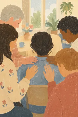 Laying Hands Prayer in Church Fellowship Hall