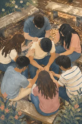 Outdoor Youth Laying Hands Prayer Gathering