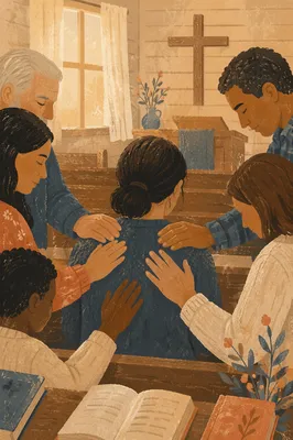 Laying Hands Prayer in Wooden Chapel