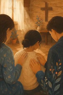 Tender Laying Hands Prayer in Wooden Chapel