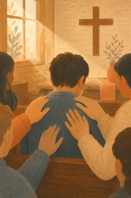 Laying Hands Prayer in Wooden Chapel