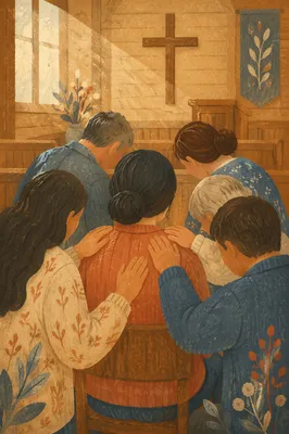 Laying Hands Prayer in Wooden Church