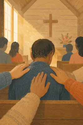 Laying Hands Prayer in Wooden Chapel