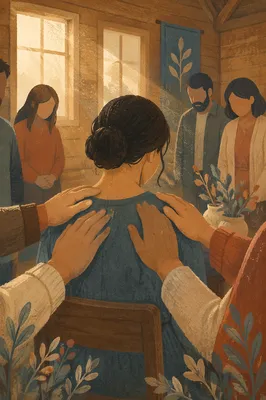Laying Hands Prayer in Wooden Chapel