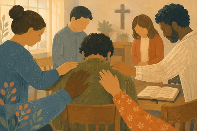 Laying Hands Prayer in Church Fellowship Room