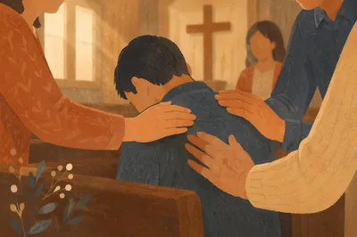 Laying Hands Prayer in Wooden Chapel