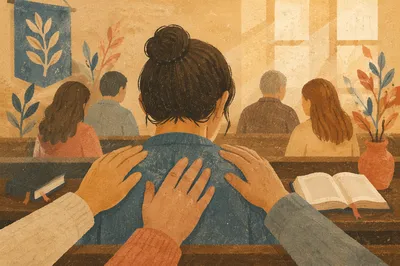 Laying Hands Prayer in Wooden Chapel