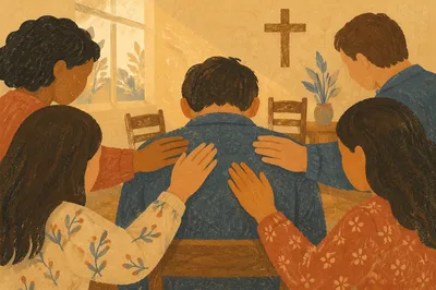 Laying Hands Prayer in Church Fellowship Room