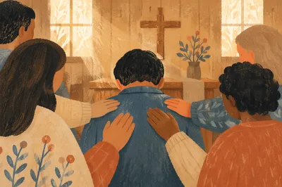 Laying Hands Prayer in Wooden Chapel