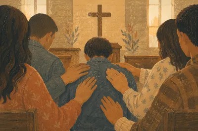 Laying Hands Prayer in Wooden Chapel