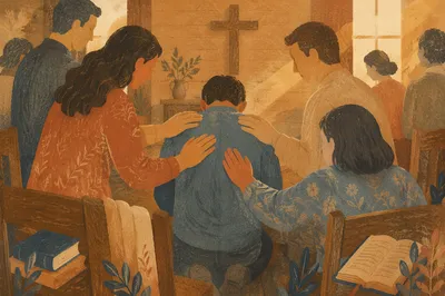 Laying Hands Prayer in Wooden Chapel