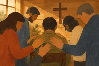 Laying Hands Prayer in Wooden Church Room