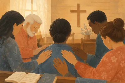 Laying Hands Prayer in Wooden Chapel