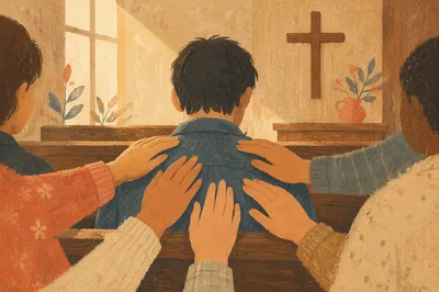Laying Hands Prayer in Wooden Chapel