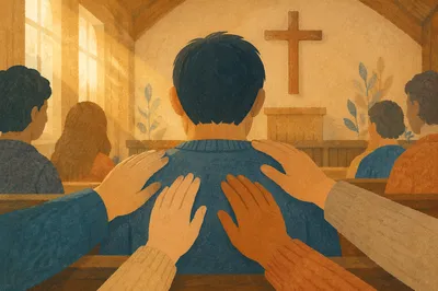 Laying Hands Prayer in Wooden Chapel