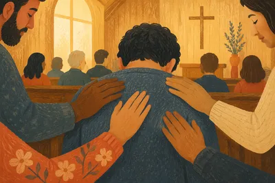 Laying Hands Prayer in Wooden Chapel