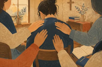Laying Hands Prayer in Wooden Chapel