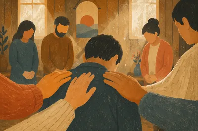 Laying Hands Prayer in Wooden Chapel