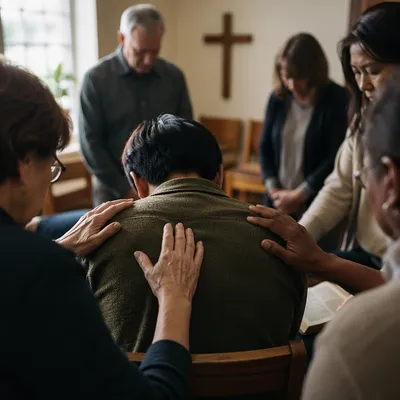 Laying Hands Prayer in Church Fellowship Room