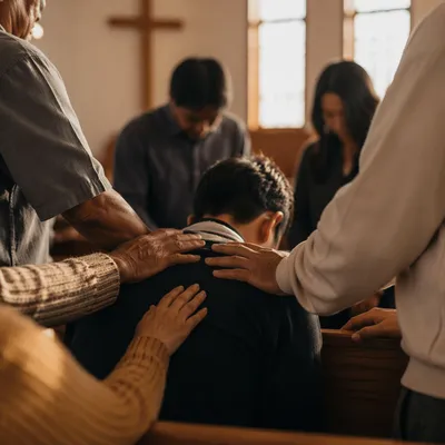 Laying Hands Prayer in Wooden Chapel