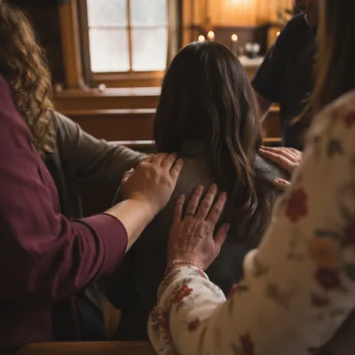 Laying Hands Prayer in Wooden Chapel