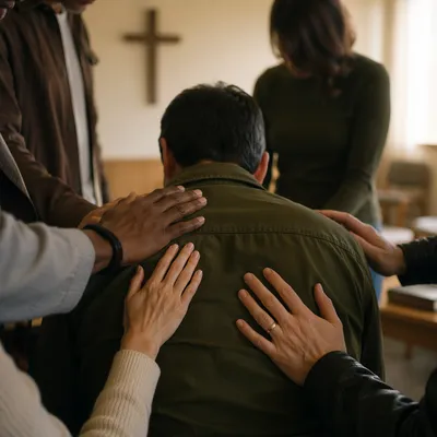 Laying Hands Prayer in Church Fellowship Room
