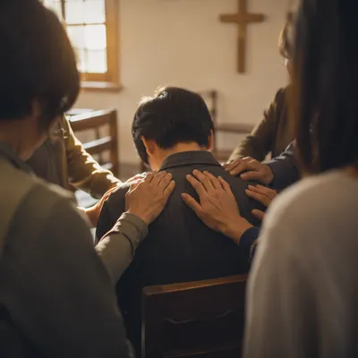Laying Hands Prayer in Church Fellowship Room
