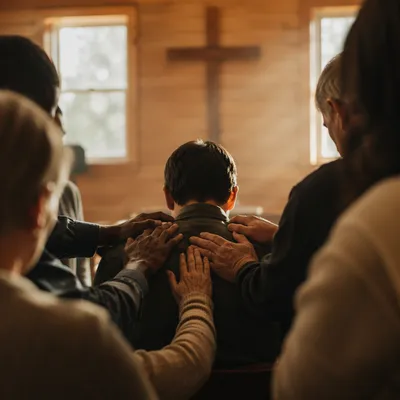 Laying Hands Prayer in Wooden Chapel