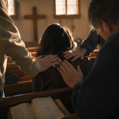 Laying Hands Prayer in Wooden Chapel